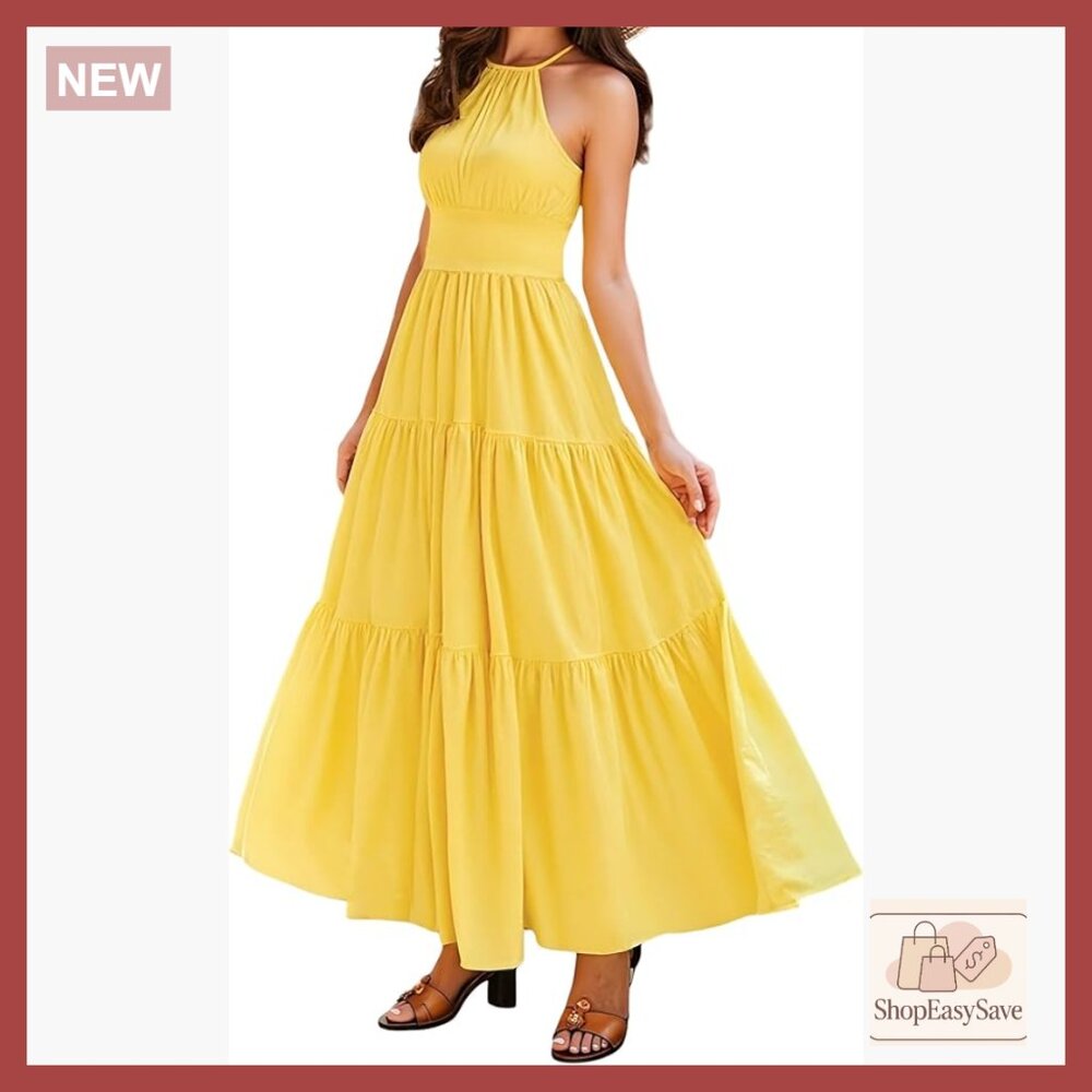 Boho Maxi Sundress Halter Neck Smocked Backless Tiered Flowy Vacation Dress
